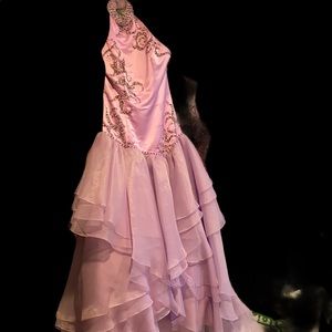 High low beaded and ruffled tired purple gown